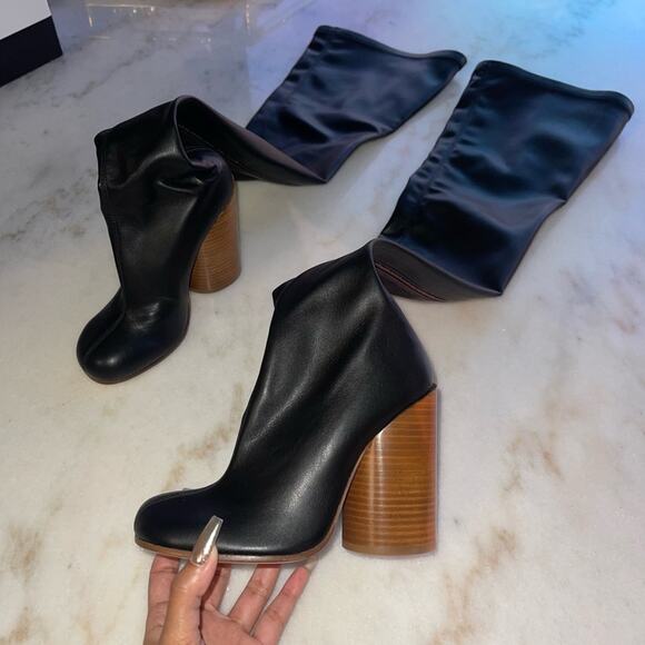 Burberry Black Faux Leather Thigh High Sock Boot with Wooden Circular Block Heel - Picture 5 of 14